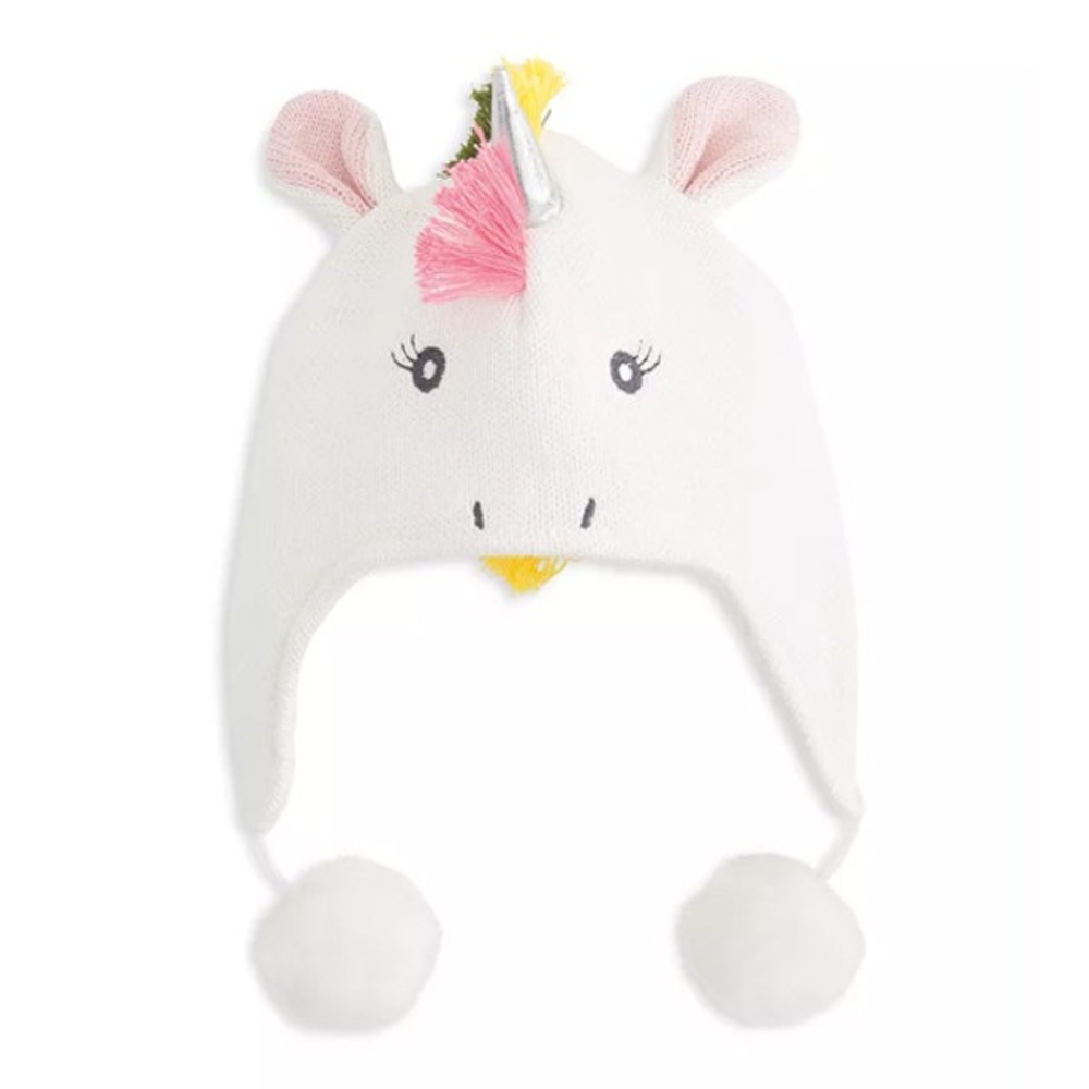 White and Pink Unicorn Beanie with Ears and Horn